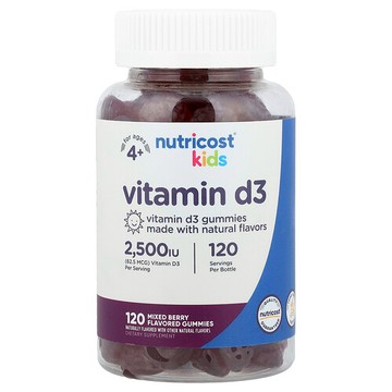 Nutricost, 兒童，維生素 D3，4 歲及以上，混合漿果，62.5 微克（2500 國際單位），120 粒軟糖