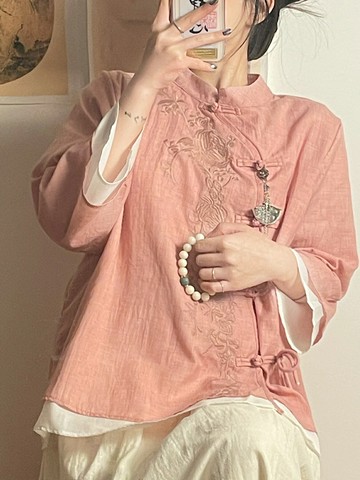 2022春夏新款文藝刺繡國風漢服盤扣復古襯衫禪意茶服襯衣中式女裝