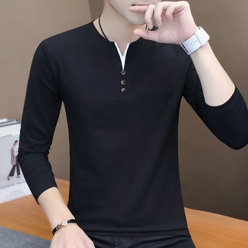 秋季新款男士上衣T恤休闲韩版秋衣打底青年男装潮流纯棉纯色长袖长袖T恤 純棉T大尺碼T长袖男生