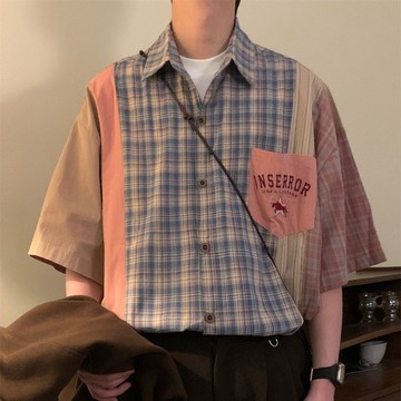 【台灣出貨】 2024夏季寬鬆潮牌短袖襯衣男士時尚格子拼接高級感百搭帥氣襯衫男