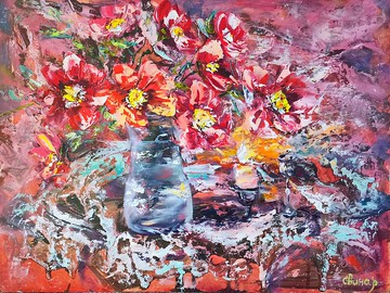 點燃的蠟燭花花束油畫 Impasto 原創藝術家 Svinar Oksana