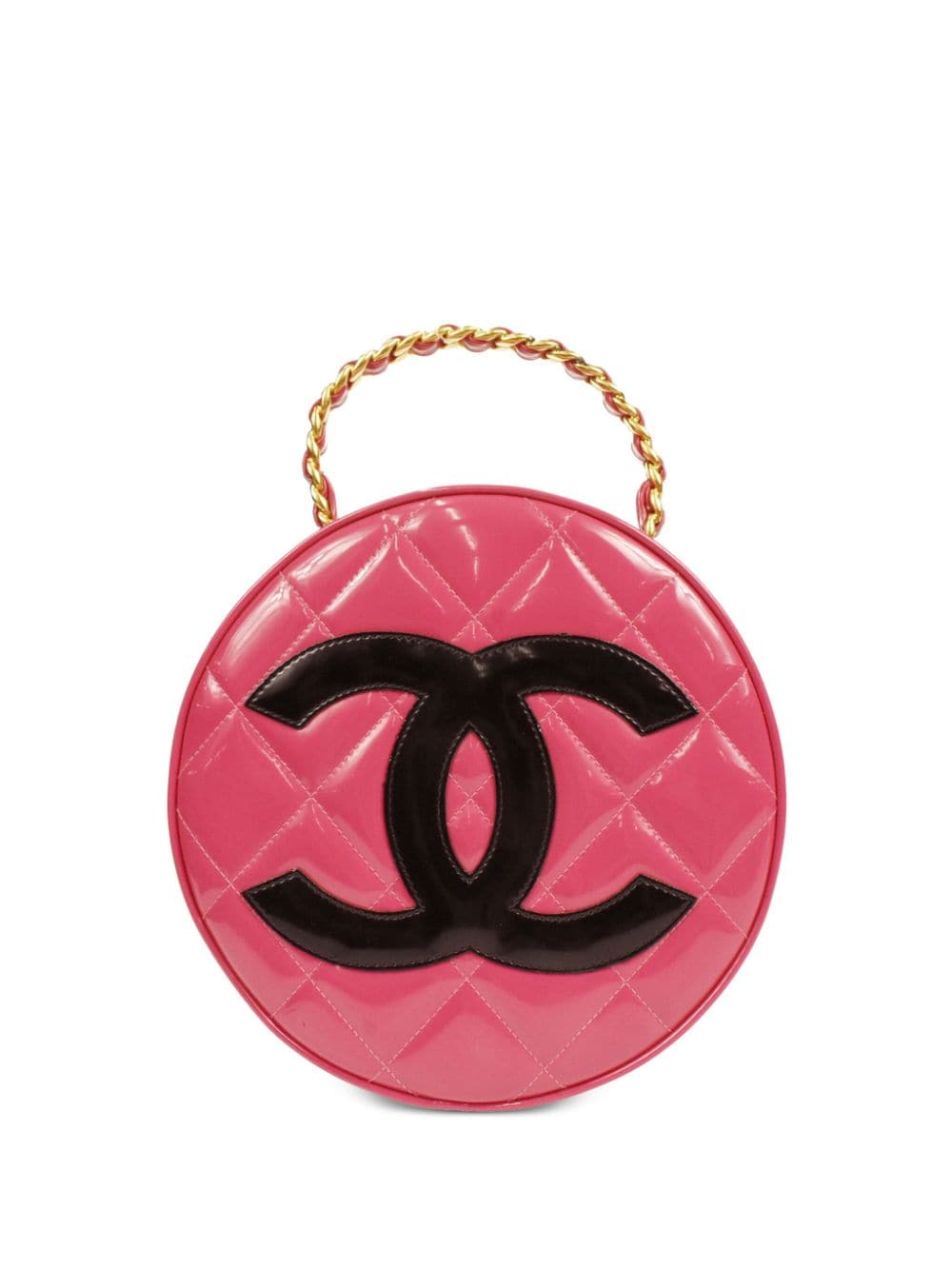 CHANEL Pre-Owned - 1995 CC diamond-quilted round vanity bag - women - Patent Leather - One Size - Pink