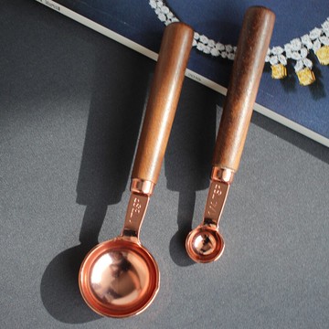 胡桃木柄紫銅色量勺調味匙湯匙茶匙量勺烘焙量匙家用刻度計量勺子