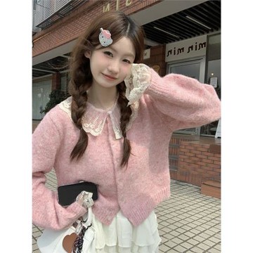 蕾絲拼接荷葉領針織開衫女秋冬日系甜美減齡公主風設計感寬松上衣