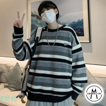 【M世代】條紋毛線衣 秋冬季新款毛衣 男士寬鬆 韓版 打底針織衫 秋裝上衣 情侶款 男女同款(BWJ722