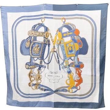 HERMES 愛馬仕 藍/綠色 絲質羊絨 Fantaisie d Etriers shawl 140 披巾 【二手名牌BRAND OFF】