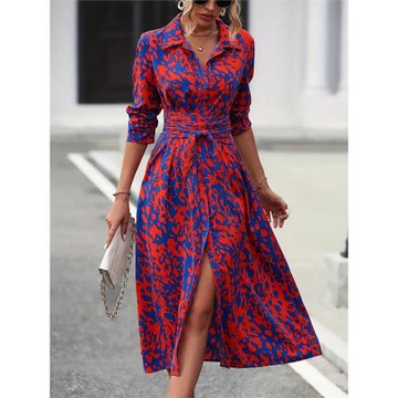 現貨 歐美跨境亞馬遜通體印花紐扣長袖收腰A字連衣裙獨立站TikTok