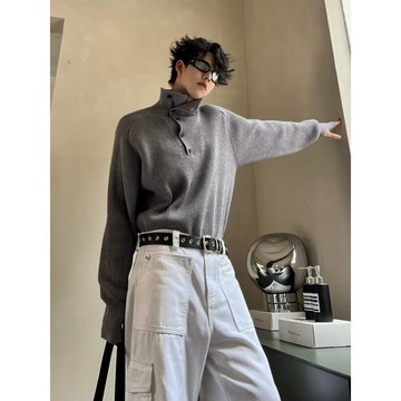 美式硬漢亨利領t恤肌肉男緊身長袖歐貨半開扣門襟領打底衫潮