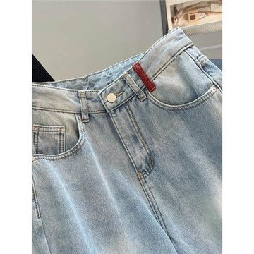 刺繡淺色牛仔褲男春秋季新款設計感寬松直筒長褲美式潮牌闊腿褲子