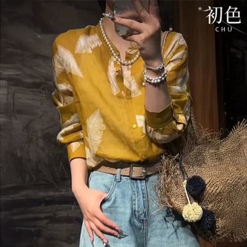 初色 復古印花寬鬆圓領排釦長袖襯衫上衣女上衣-黃色-18088(M-2XL可選)