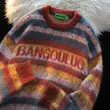 美式漸變字母提花條紋毛衣女冬季慵懶風寬松休閑情侶裝針織衫上衣