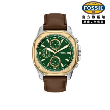 【FOSSIL 官方旗艦館】Gage 經典八角金圈英倫綠面三眼真皮腕錶 咖啡色真皮錶帶 47 MM BQM7144