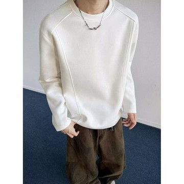 港風圓領長袖大學T男 秋冬新款寬鬆簡約素色日系打底衫上衣男