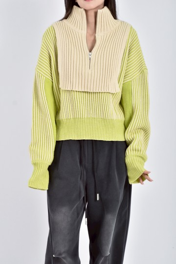 (2XL) kbf質感針織假兩件半拉鍊綠色長袖上衣