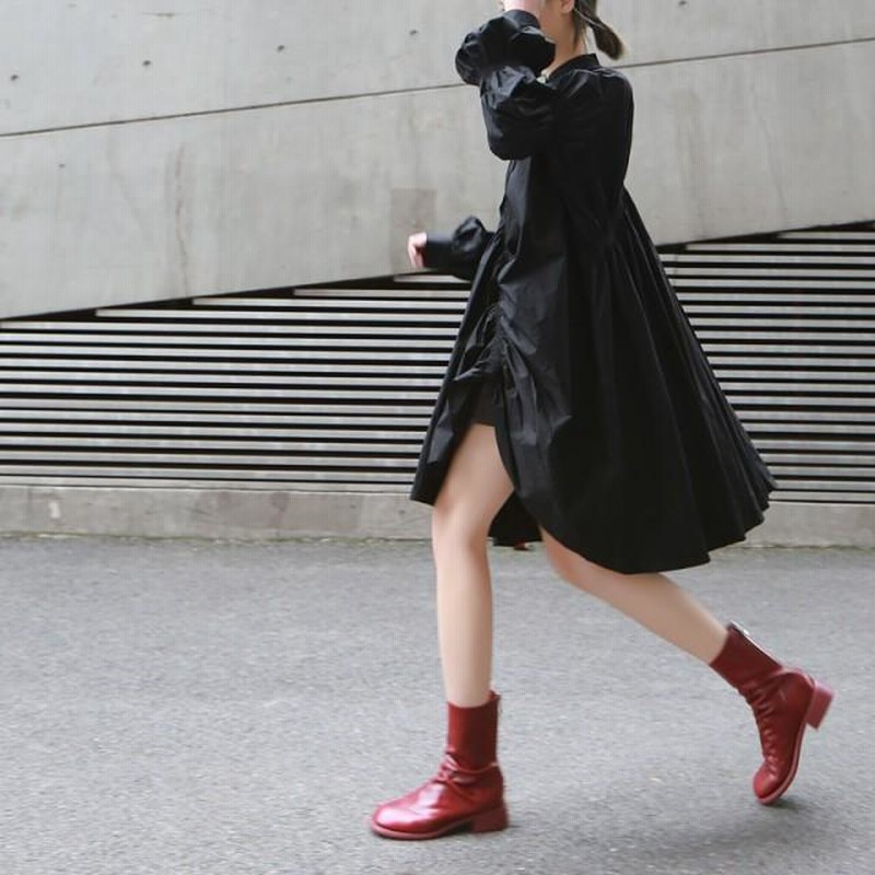 長袖 ワンピース アシンメトリー ドレス S-L 2色 韓国 7-307 シャツワンピース 長袖 春 秋 膝丈 ミニ丈 ワンピース