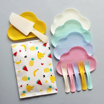 兒童卡通彩色云朵盤一次性餐具生日刀叉盤成人派對蛋糕餐盤食品級