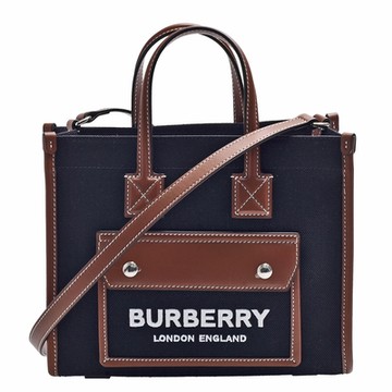 BURBERRY 巴寶莉  Louise標誌圖案帆布皮革飾邊手提/斜背方包(黑色)