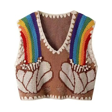 2022春新款復古手工鉤花彩虹條紋v領減齡無袖針織背心馬甲女毛衣