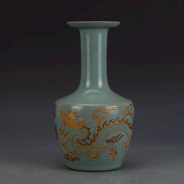 宋汝窯歷粉戕金龍紋盤口瓶古董古玩收藏真品中國風花瓶老物件