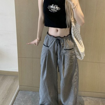 爆款直降價  超顯瘦 小個子 牛仔 女裝 休閒褲 牛仔褲格子褲薄款設計格子休閒褲褲女夏季新款高腰寬鬆顯瘦直筒褲子長褲