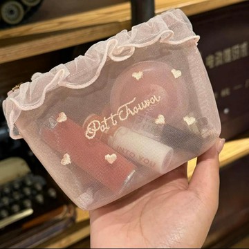 🥇隔日達出💎韓國ins風少女網紗愛心刺繡便攜化妝包 可愛紙巾包補妝收納包