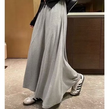 La Belleza素色鬆緊腰垂墬感斜線條大擺裙垂墬感棉質長裙
