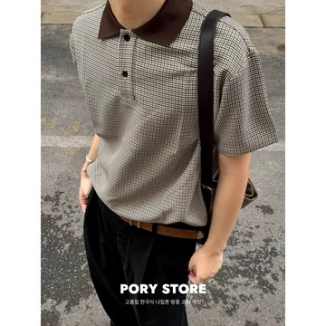 【PORY STORE】韓系cleaned fit 老錢風千鳥格短T polo衫 翻領 短袖 實拍 舒適 男生 短T