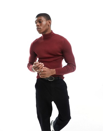 ASOS DESIGN muscle fit knitted essential rib roll neck jumper in burgundy-Red