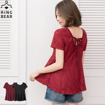 蕾絲--質感滿分蕾絲傘狀後綁帶上衣(黑.紅S-2L)-U174眼圈熊中大尺碼