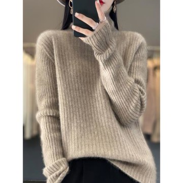 歐貨高端100純山羊絨衫女秋冬高領寬松坑條加厚軟糯打底毛衣顯瘦