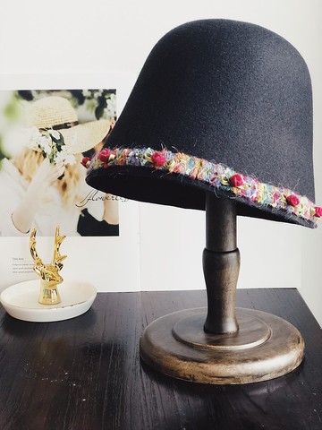 原創彩色花邊毛呢水桶帽