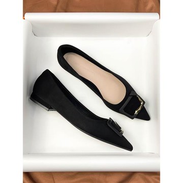 黑色尖頭工作鞋女淺口單鞋2025年春秋新款加絨平底鞋女職業不累腳