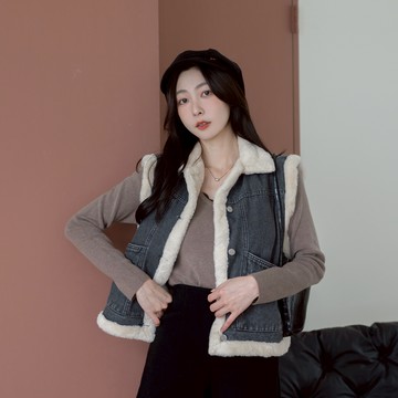 京都雪內刷毛翻領口袋微短版牛仔背心 SO31103【現貨】