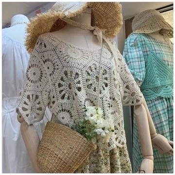 夏季純棉外搭罩衫寬松套頭小外套針織衫鏤空透視透氣防曬女上衣短