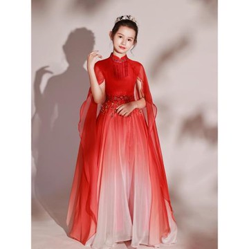 兒童禮服高端女童彈古箏演出服中國風主持人民樂演奏藝考禮服紅色