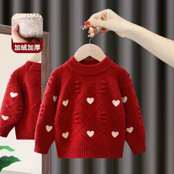 女童毛衣秋冬季2024新款洋氣兒童針織衫女寶寶紅色冬裝加厚打底衫