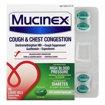 Mucinex, 咳嗽和胸悶，速釋，16 粒液體凝膠