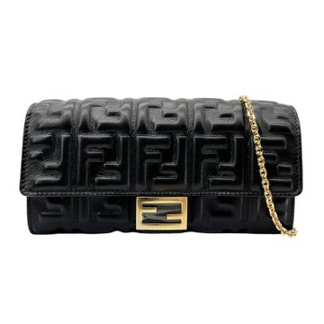 Fendi 芬迪 品牌 FF logo皮革壓紋金鍊皮夾斜背包(8M0365-黑)