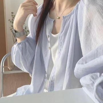 現款免運  襯衫 女襯衫 襯衫上衣 襯衫外套 韓系超仙ins淺藍色雪紡襯衫女疊穿寬鬆百搭顯瘦防曬襯衣外穿開衫G