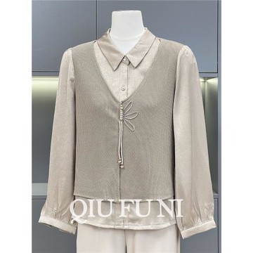 巨好看洋氣媽媽秋裝減齡襯衣假兩件上衣中老年女裝長袖打底衫T恤