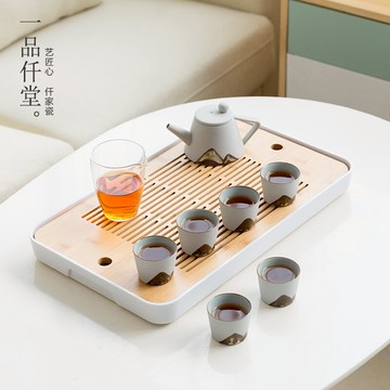 一品仟堂 粗陶干泡茶具套裝茶壺茶杯家用竹制茶盤茶海儲水式托盤