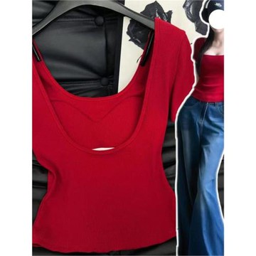 性感辣妹紅色大露背修身顯瘦T恤衫女夏2025新款高級感帶胸墊外穿