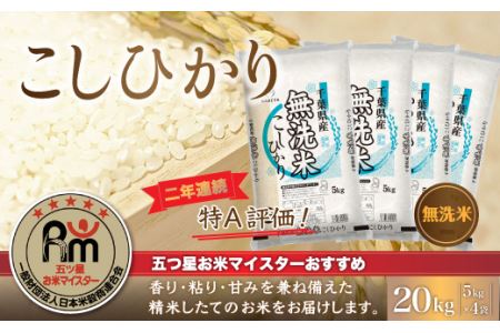 令和5年産 2年連続特A評価!千葉県産コシヒカリ20kg無洗米（5kg×4袋）