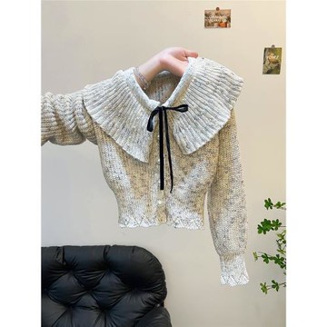 法式溫柔風蝴蝶結荷葉邊短款針織開衫女毛衣外套秋冬長袖絕美上衣