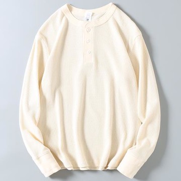 260g重磅雙面華夫格亨利領長袖T恤男秋冬復古休閑百搭純色打底衫