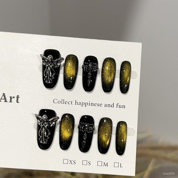 ➕最新設計款穿戴甲💅純手工穿戴甲高級感秋冬季闇黑金色貓眼美甲片閤金天使假指甲貼片中橢圓穿戴甲 V0XU