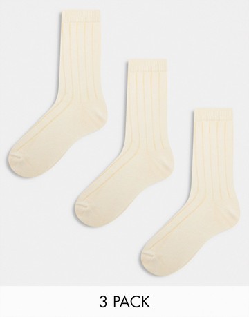 ASOS DESIGN 3 pack rib sock in ecru-Neutral