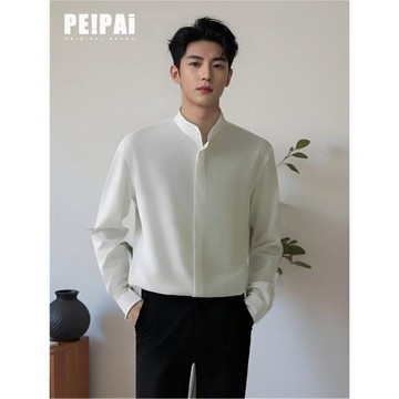 peipai免燙立領冰絲襯衣修身高端襯衫男新中式輕熟風男裝春季韓版