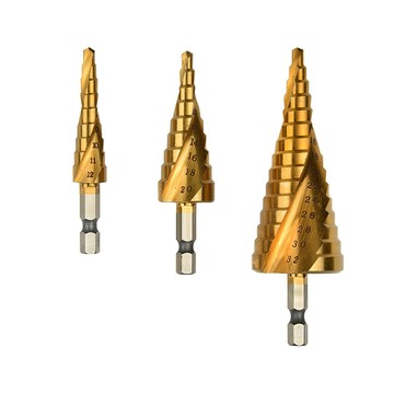 樂居家 新型螺旋六角柄階梯鑽頭 塔型鑽頭多階擴孔器 開孔器 倒角梯形鑽 打孔器 寶塔鑽頭 三尺寸鑽頭組