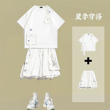 【二十三歲】臺灣出貨夏季飄帶口袋短袖五分褲套裝男新款日系潮牌設計感T恤短褲兩件套